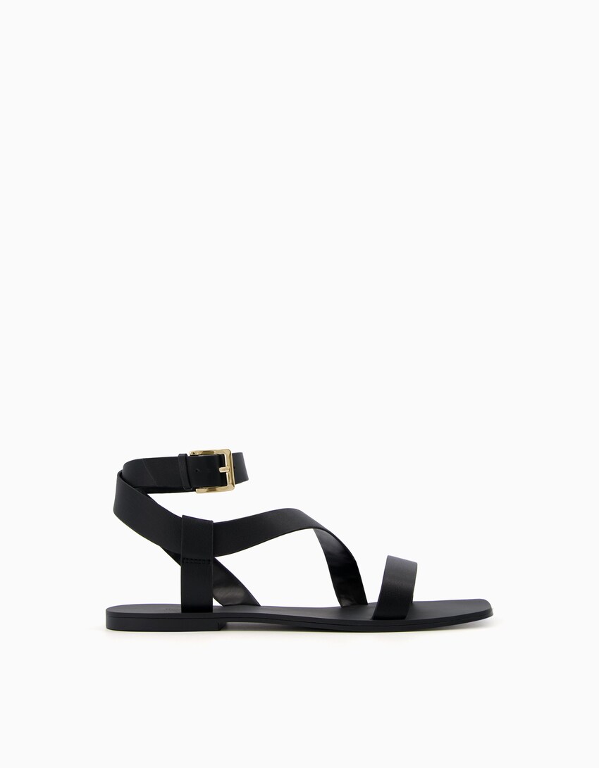 Flache Sandalen mit Knöchelriemchen-Schwarz-4