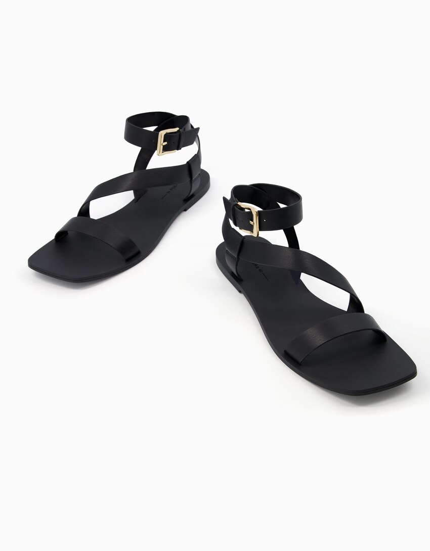 Flache Sandalen mit Knöchelriemchen-Schwarz-2
