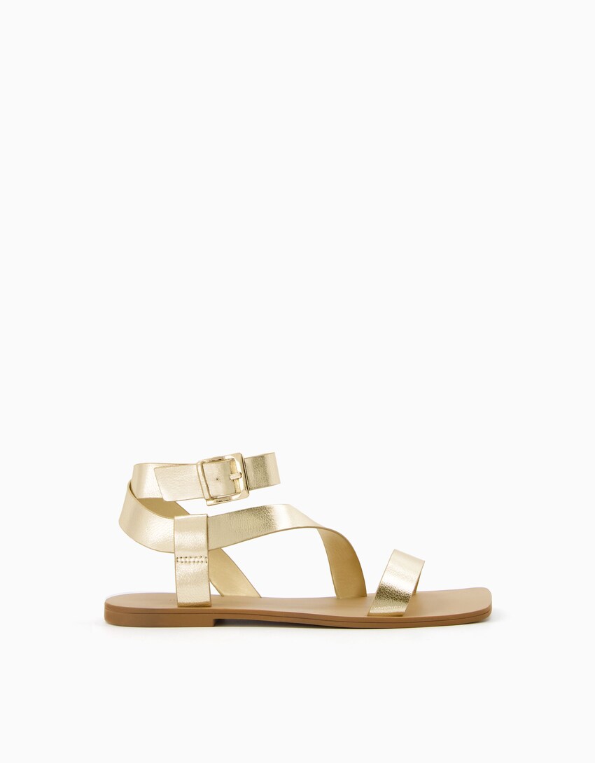 Flache Metallic-Sandalen mit Knöchelriemchen-Gold-5