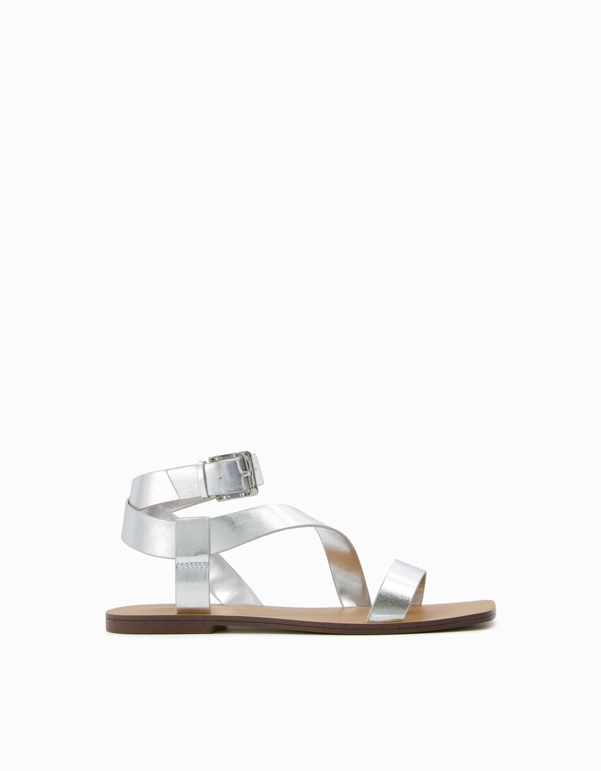 Flache Sandalen mit Knöchelriemchen-Silber-5