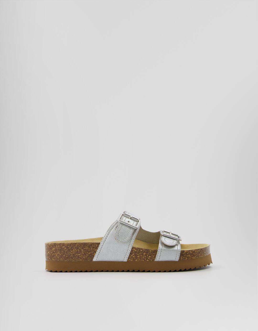 Metallic flat slider sandals with buckles