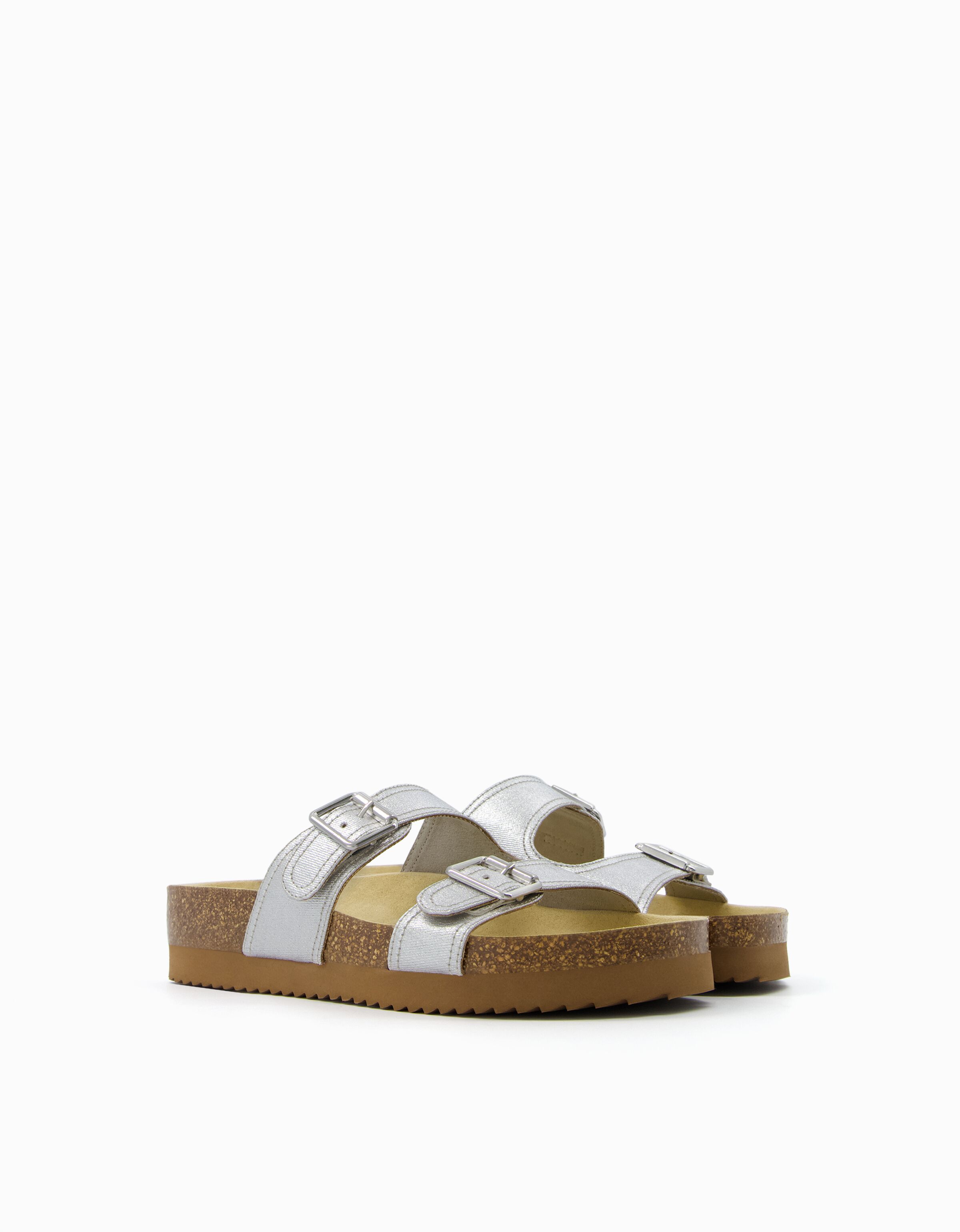 Metallic flat slider sandals with buckles Shoes BSK Teen Bershka