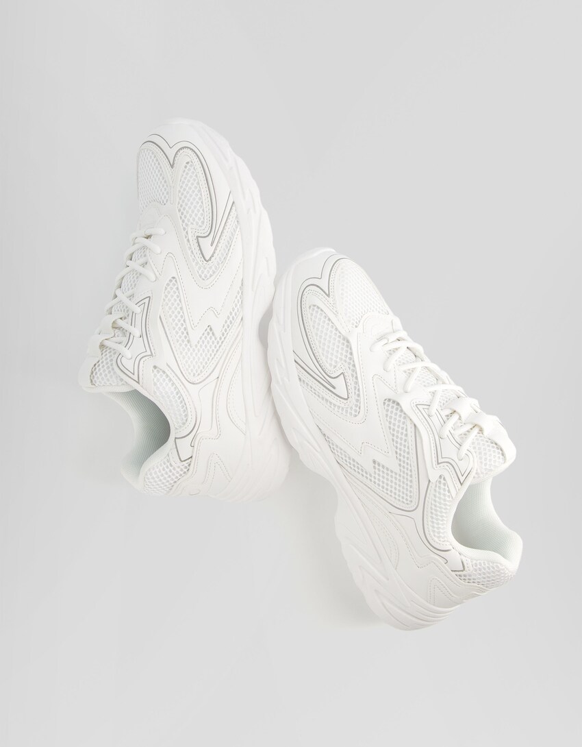 Męskie buty sportowe z kontrastową siateczką i metalicznymi zdobieniami-Biały-2