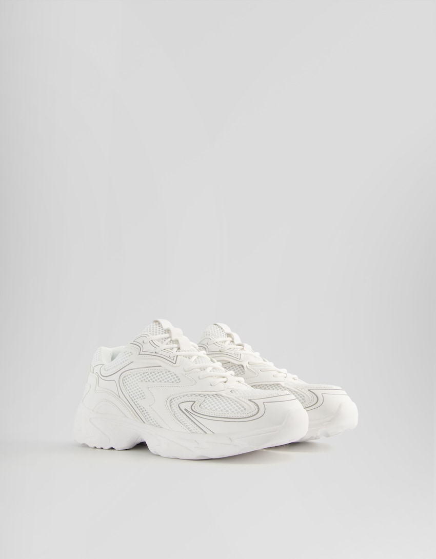 Męskie buty sportowe z kontrastową siateczką i metalicznymi zdobieniami-Biały-0
