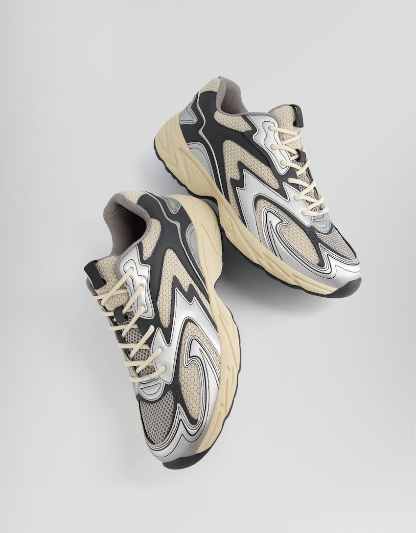 Męskie buty sportowe w kontrastowych kolorach, z elementami srebrnymi i z siateczki-Srebrny-4