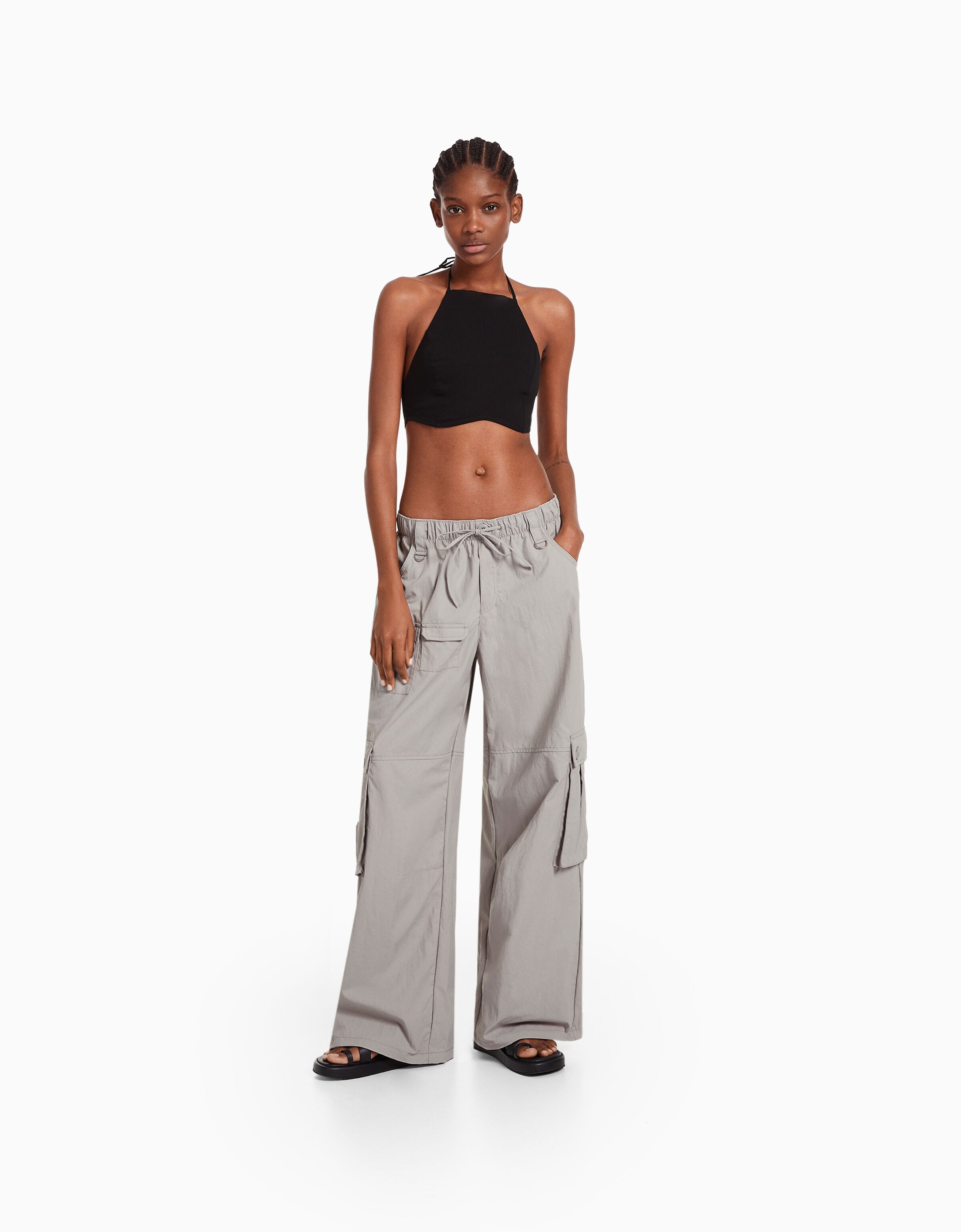 Multipocket nylon wide-leg cargo pants - Pants - Woman | Bershka