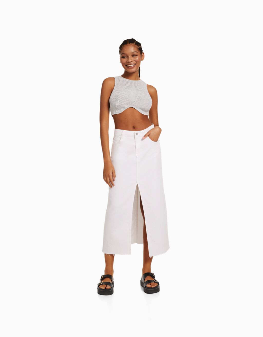 Cotton twill maxi skirt with front slit