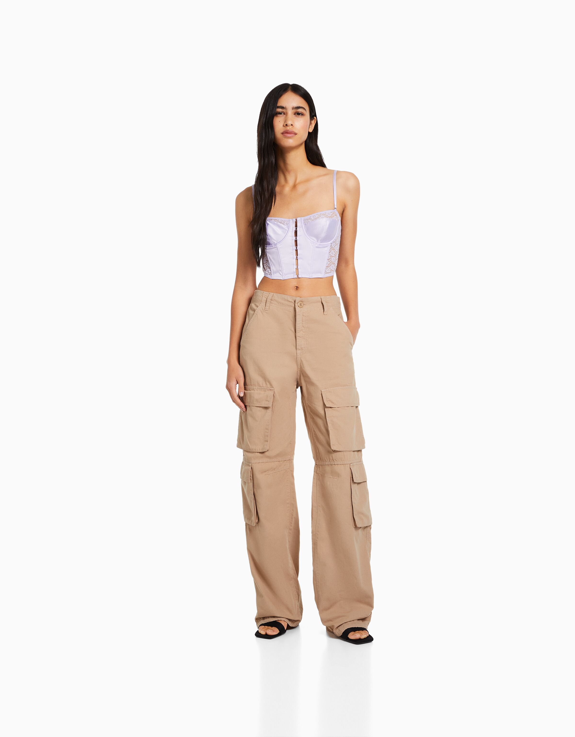 Straight fit twill cargo trousers with an elastic waistband  Trousers   BSK Teen  Bershka