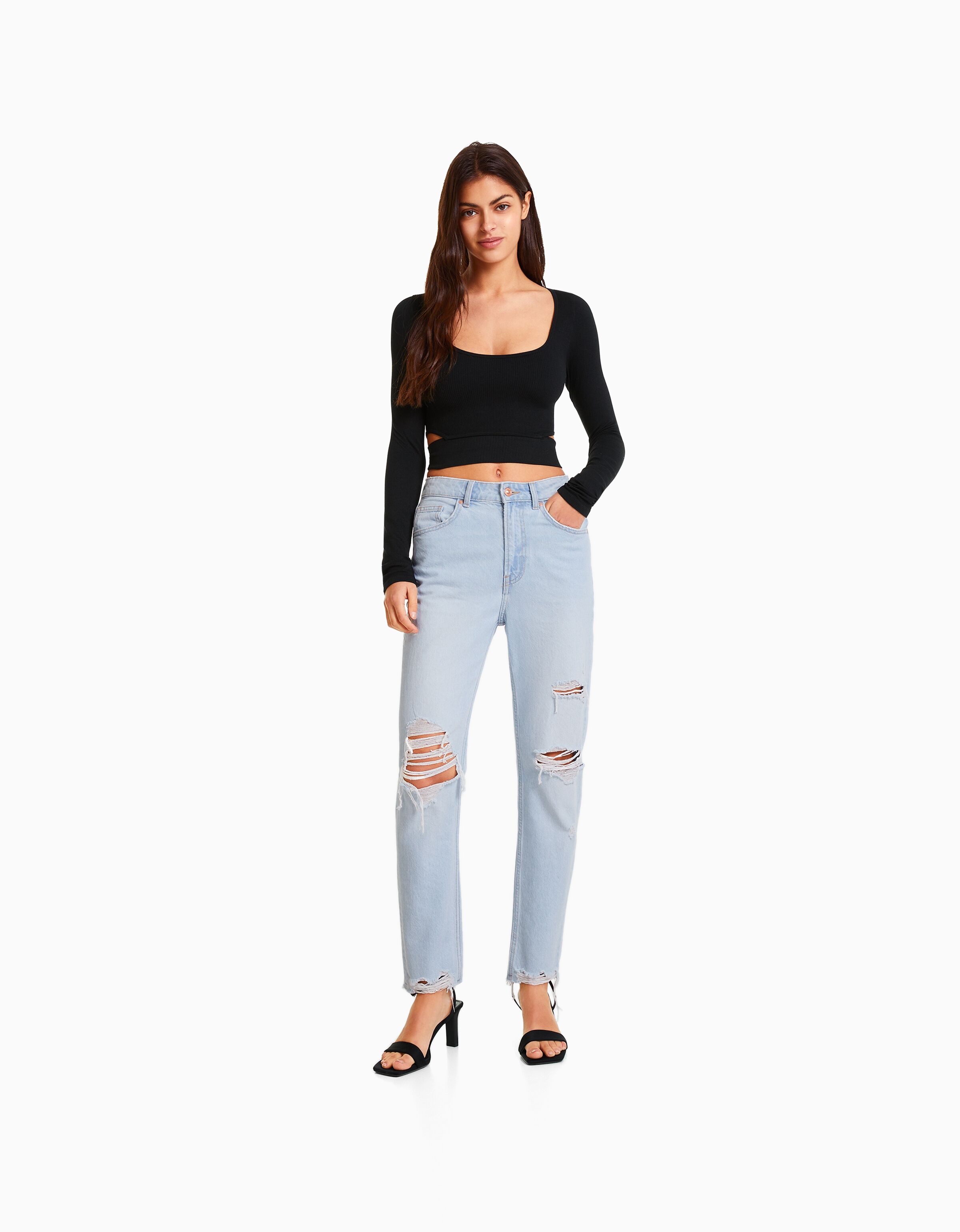 blue ripped mom jeans
