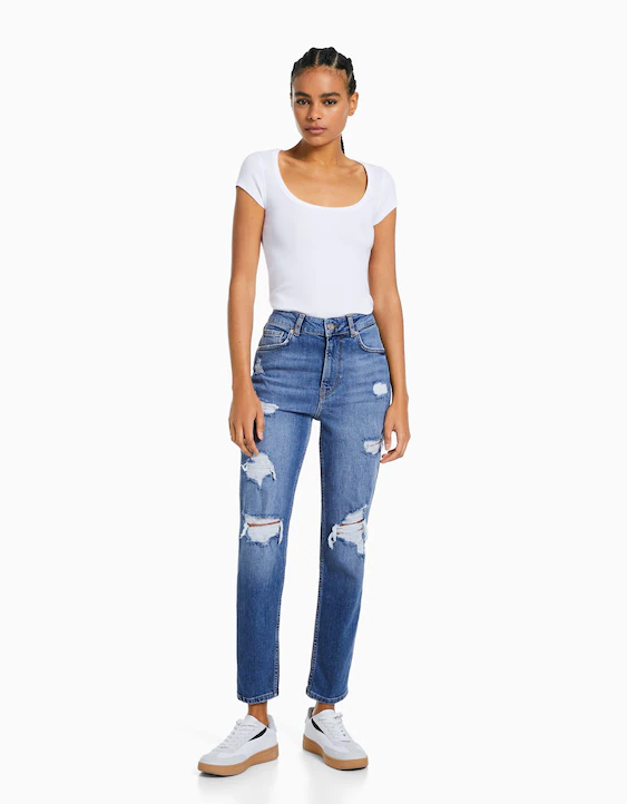 jeans med huller mom fit Jeans - Dame | Bershka