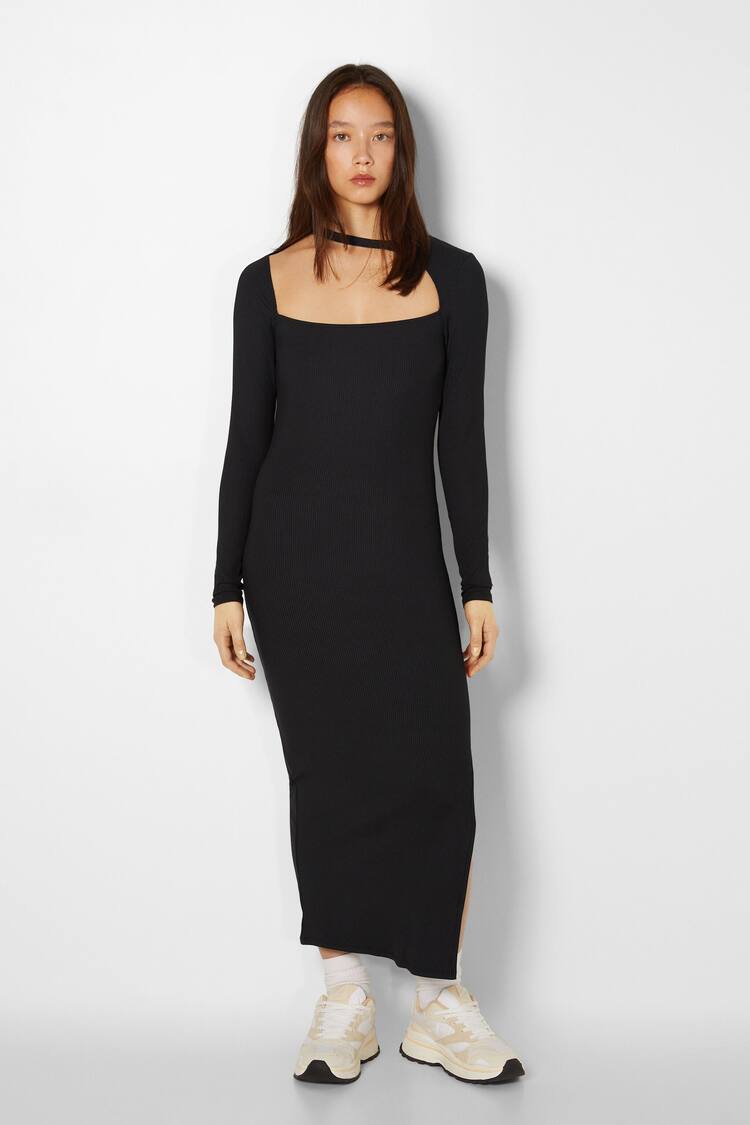 Midi dress with long sleeves and asymmetric neckline