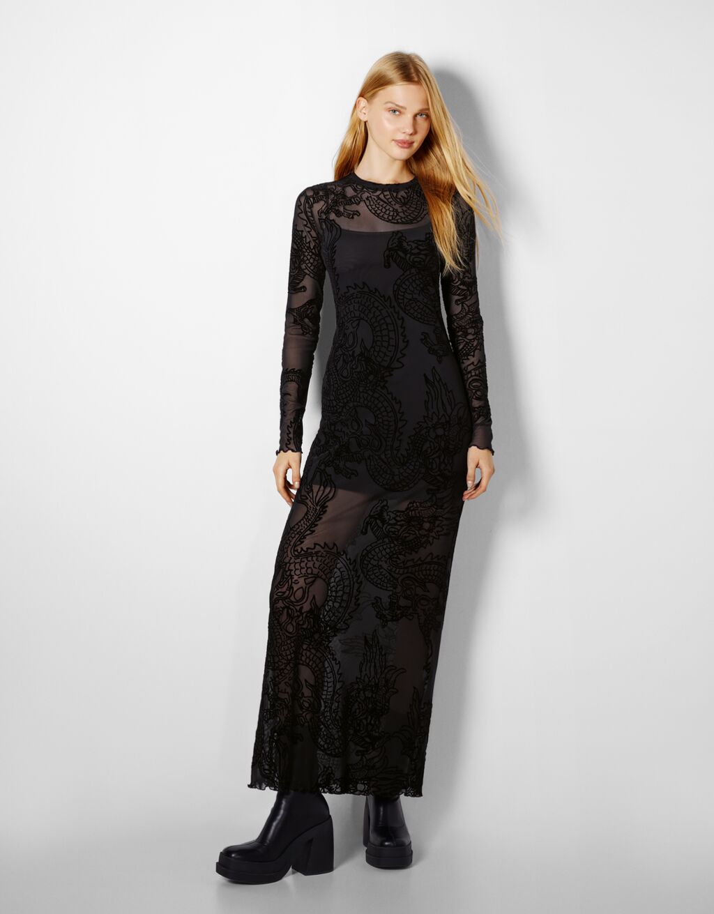 Long tulle dress with long sleeves and a dragon print