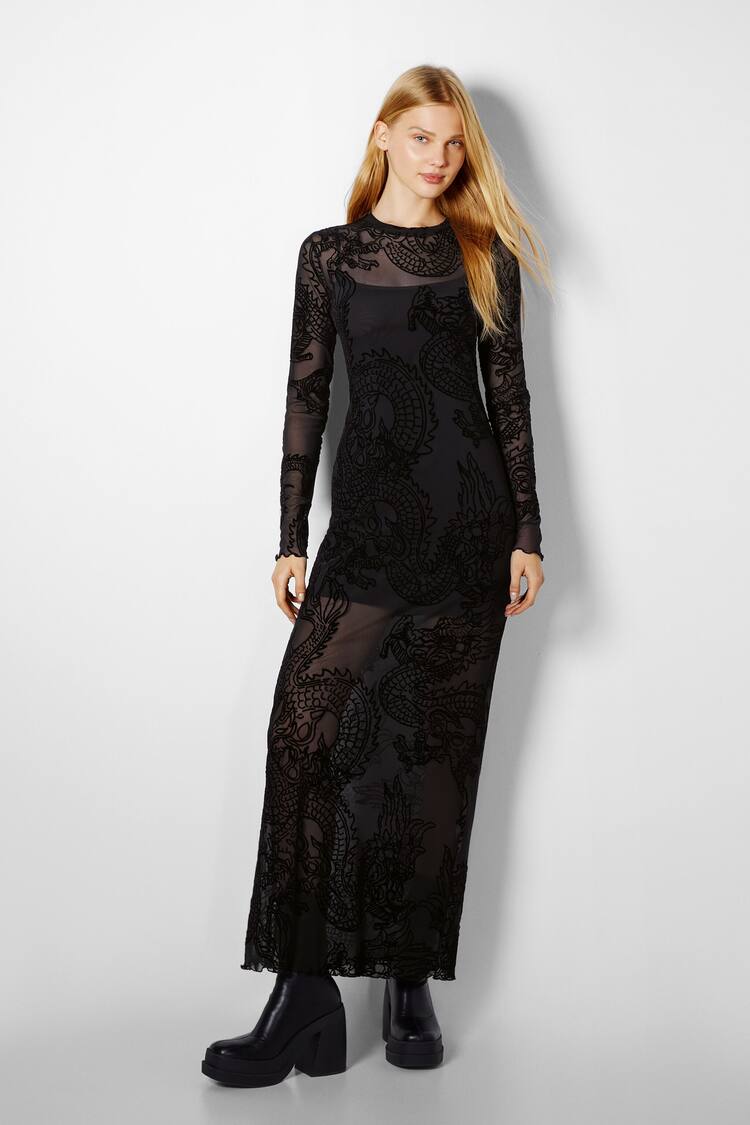 Long tulle dress with long sleeves and a dragon print