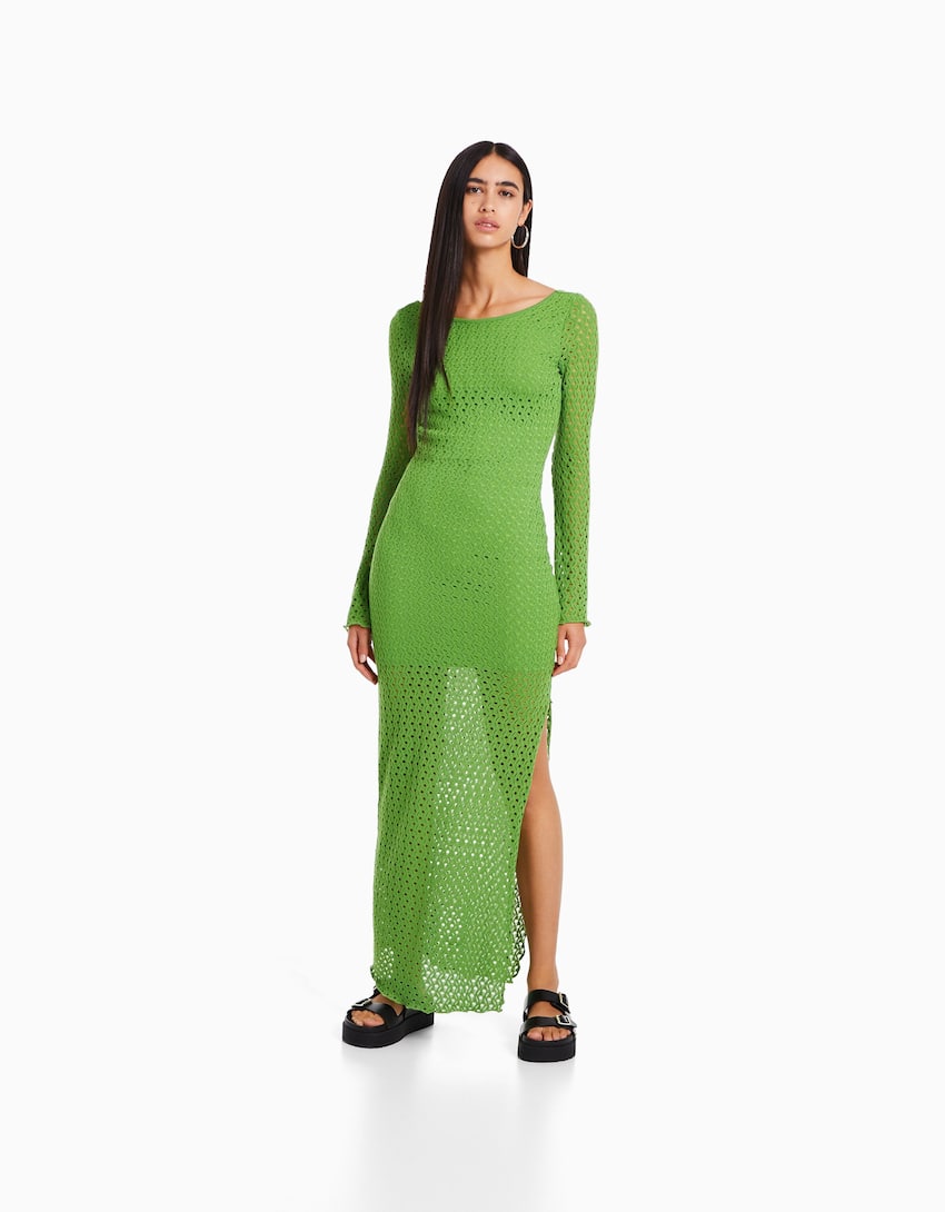 Long crochet dress with long sleeves - Woman | Bershka