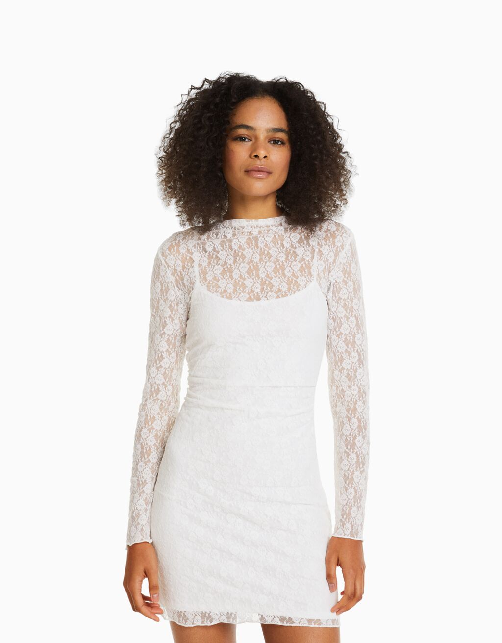 Blond lace long sleeve mini dress with neckline detail