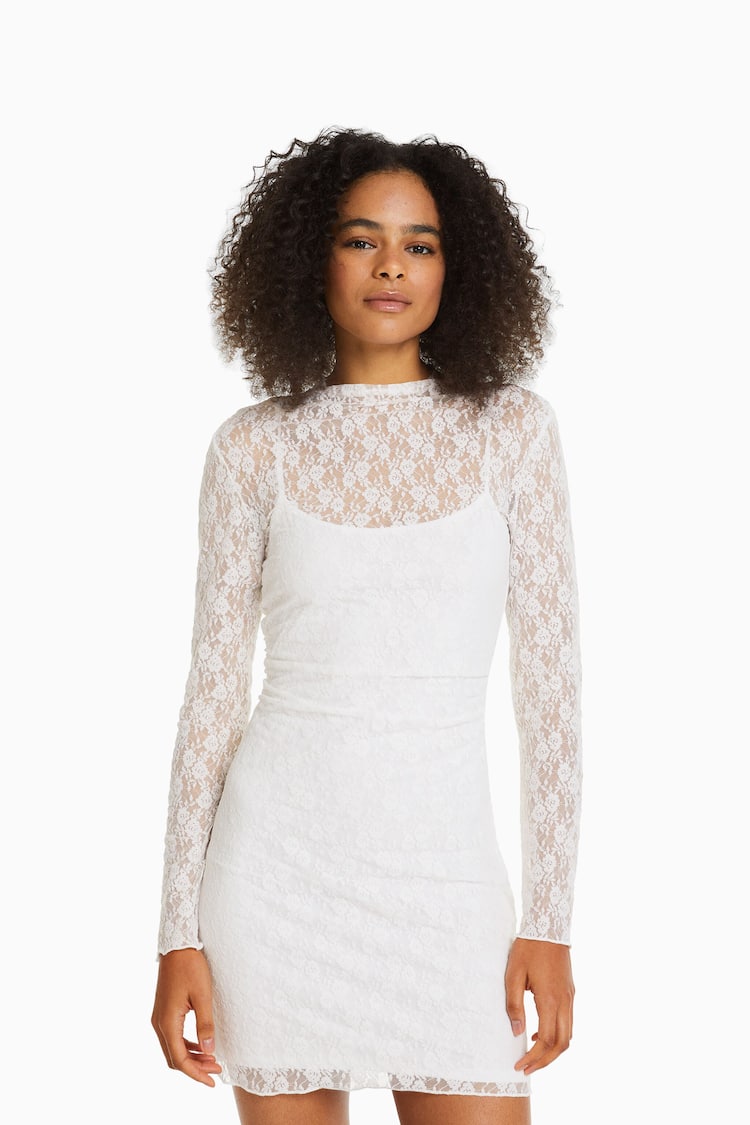 Blonde lace long sleeve mini dress with neckline detail