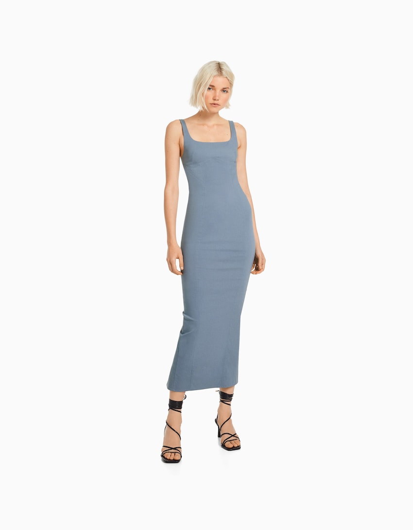 Fitted midi dress with wide straps - Woman | Bershka