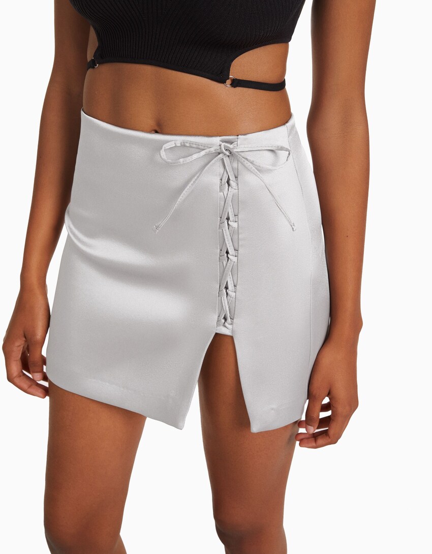 Lace Up Satin Mini Skirt Woman Bershka 