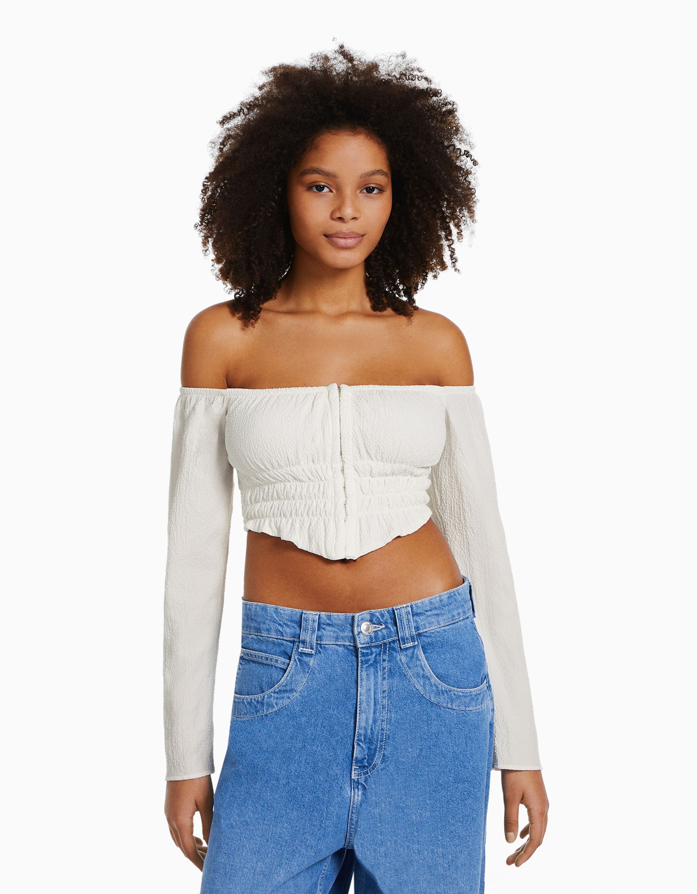 Long sleeve textured off-the-shoulder 