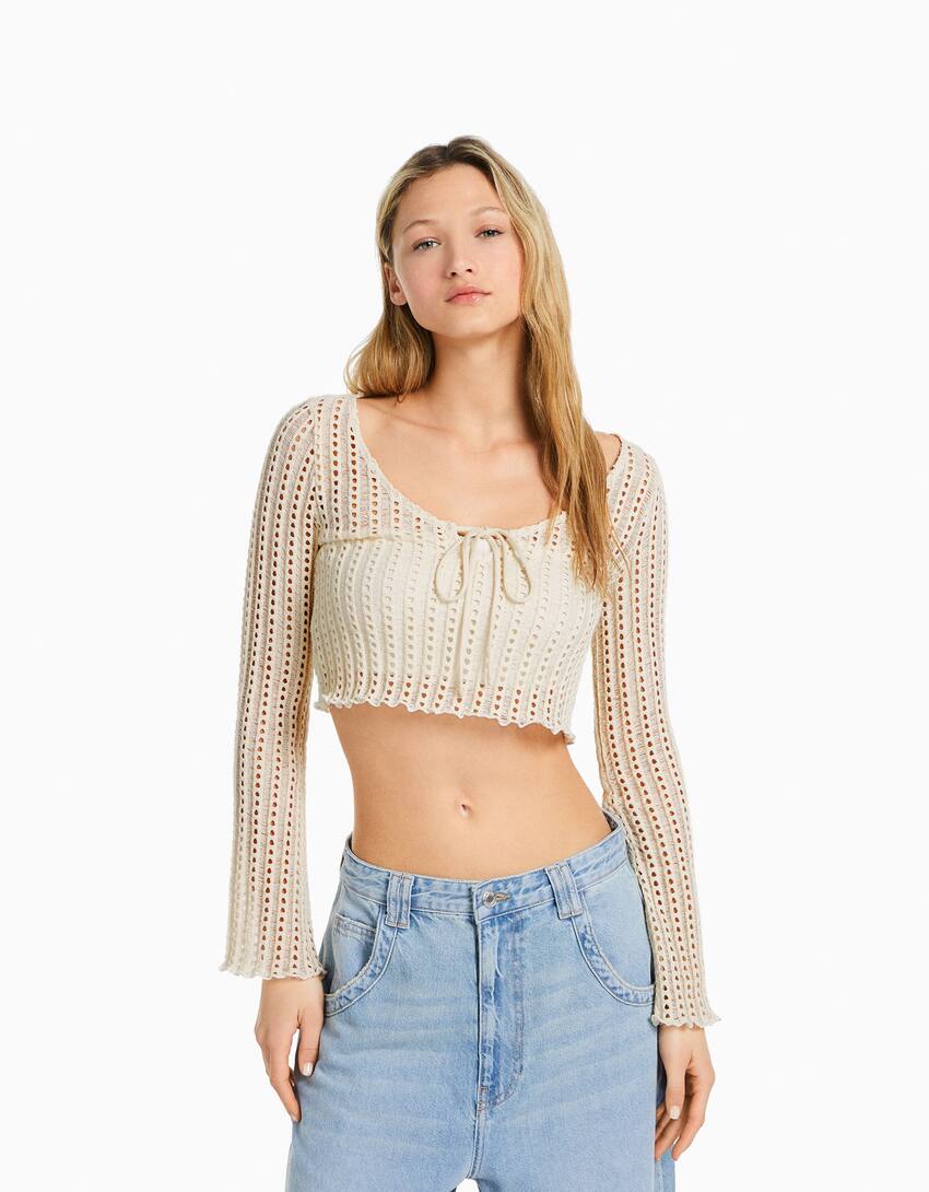 Crochet sweater with long flared sleeves - Woman | Bershka