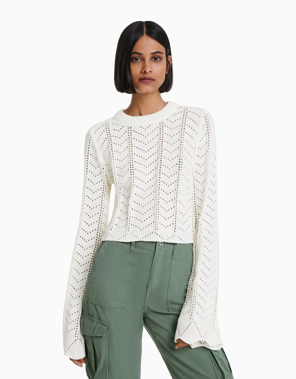 Open-knit crew neck sweater