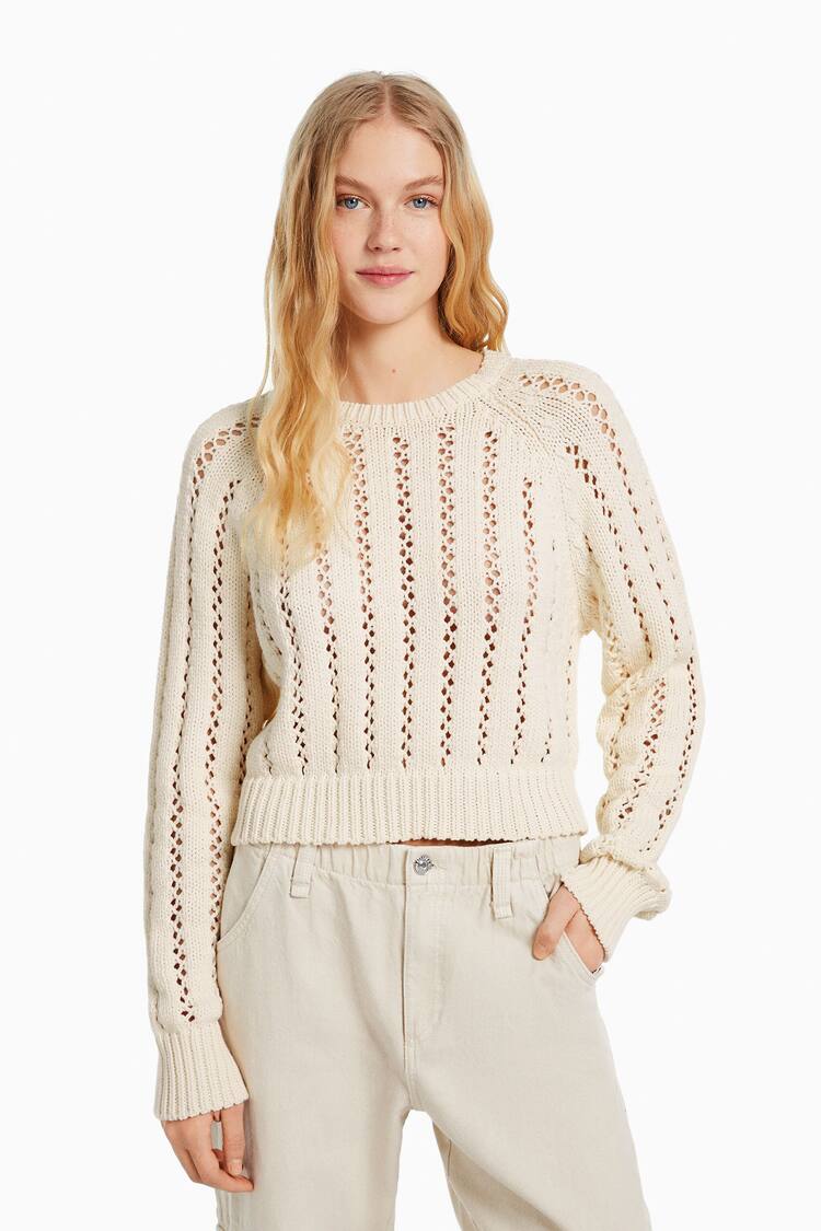 Cropped round neck open knit sweater