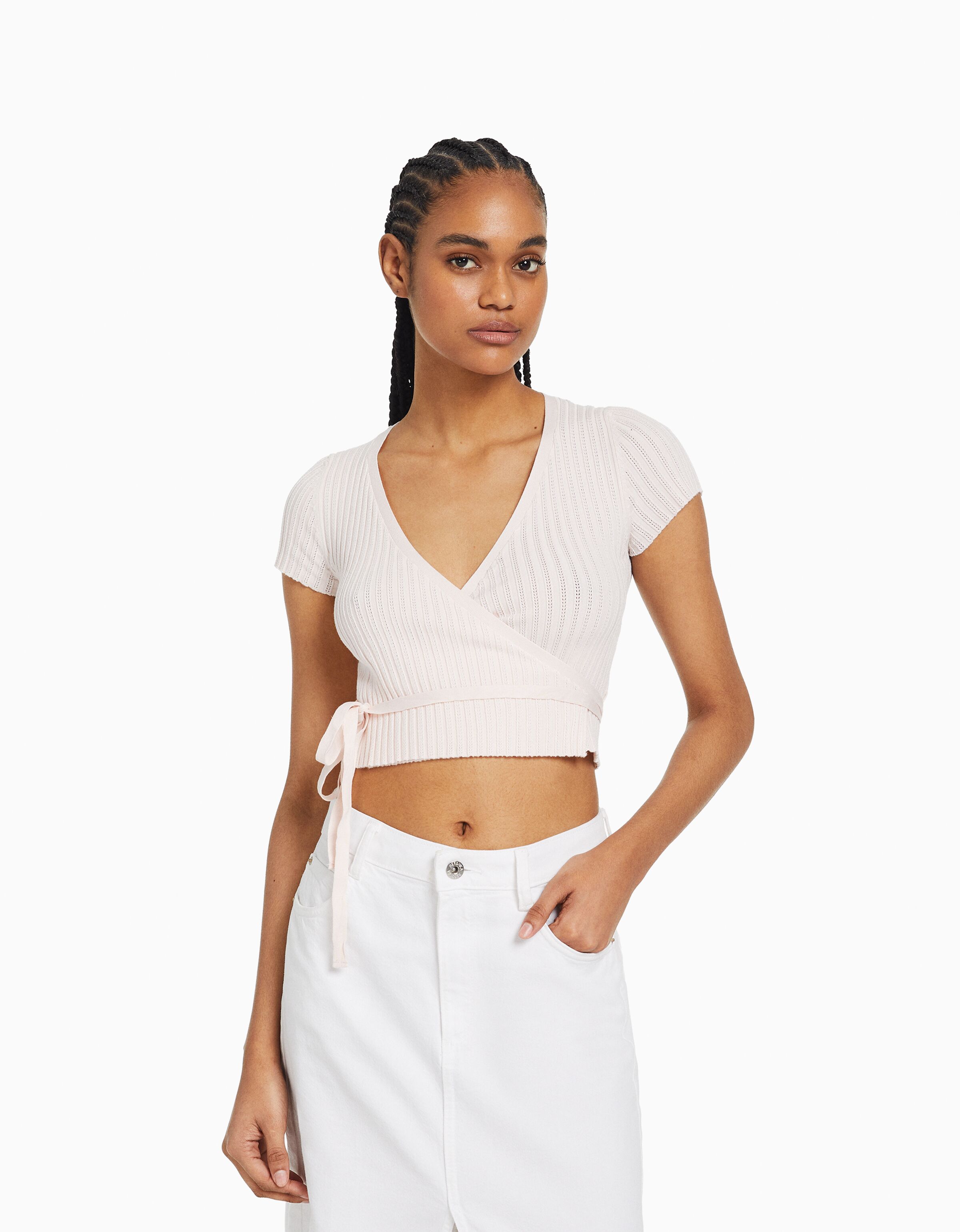 bershka ballerina polo crop top in white