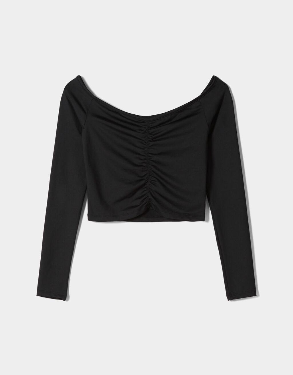 Cropped Tshirt met blote schouder met plooien en lange mouw Dames