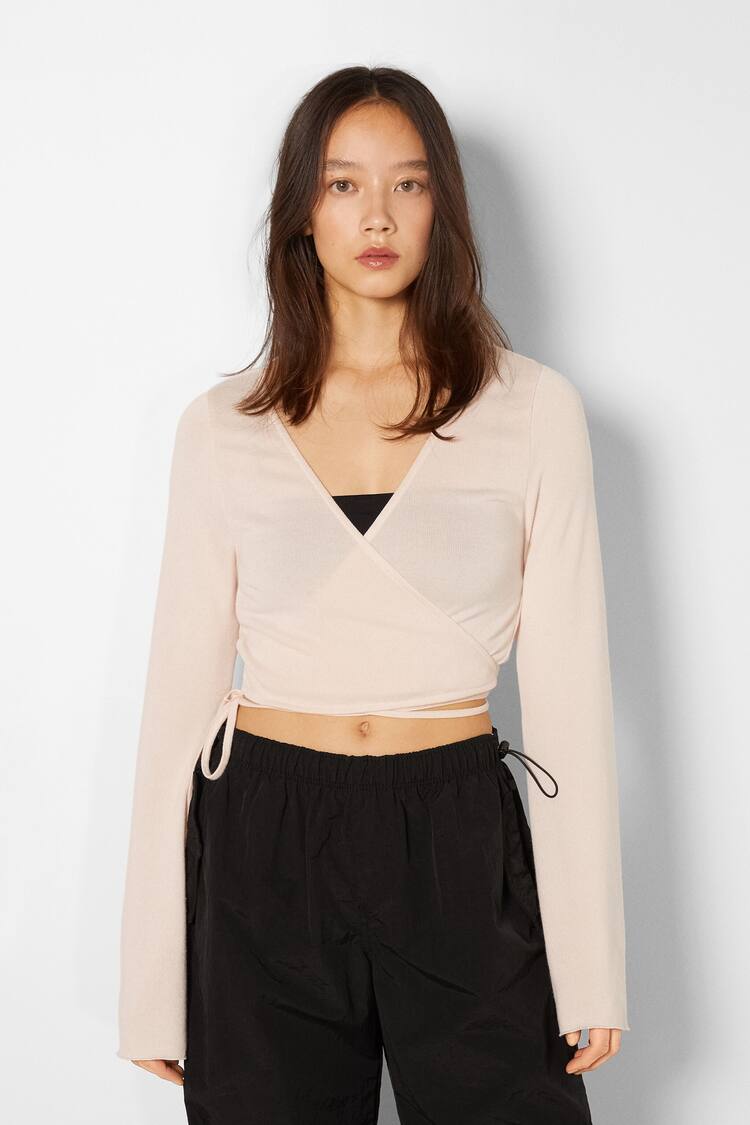 Long sleeve T-shirt with tied crossover neckline