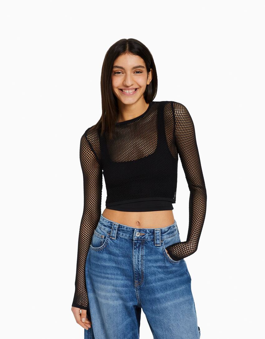 Seamless long sleeve mesh T-shirt - Sale - Women | Bershka