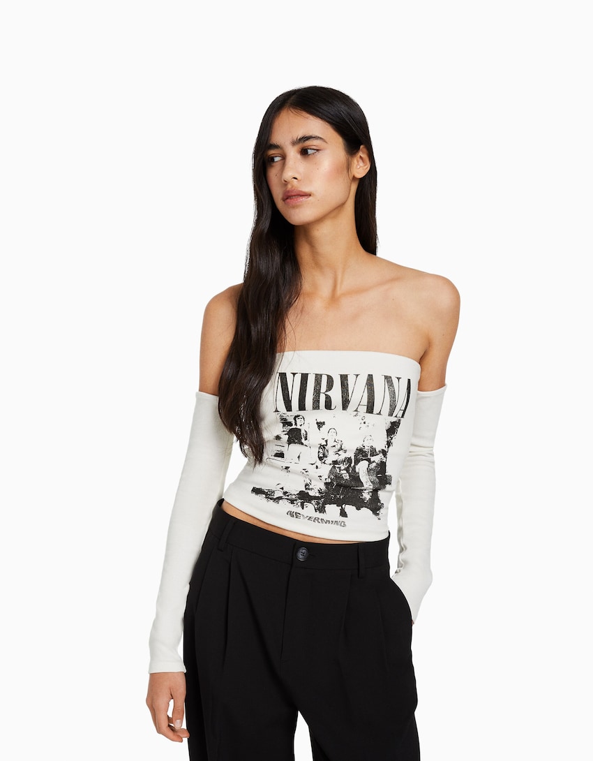 Long sleeve bandeau T-shirt with a Nirvana print - Best sellers - Woman