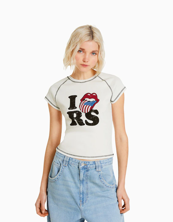 The Rolling print ribbed short T-shirt - Short Sleeve - Women | Bershka