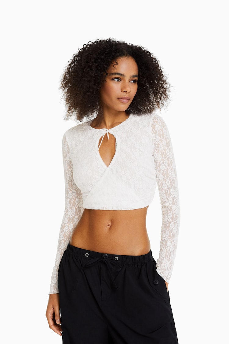 Blonde lace long sleeve T-shirt with a crossover neckline