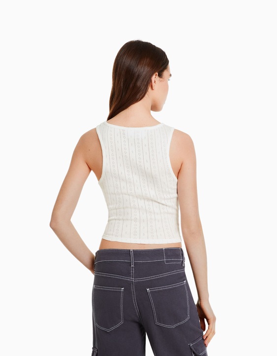 The Rolling Stones print sleeveless pointelle knit T-shirt - Women Bershka