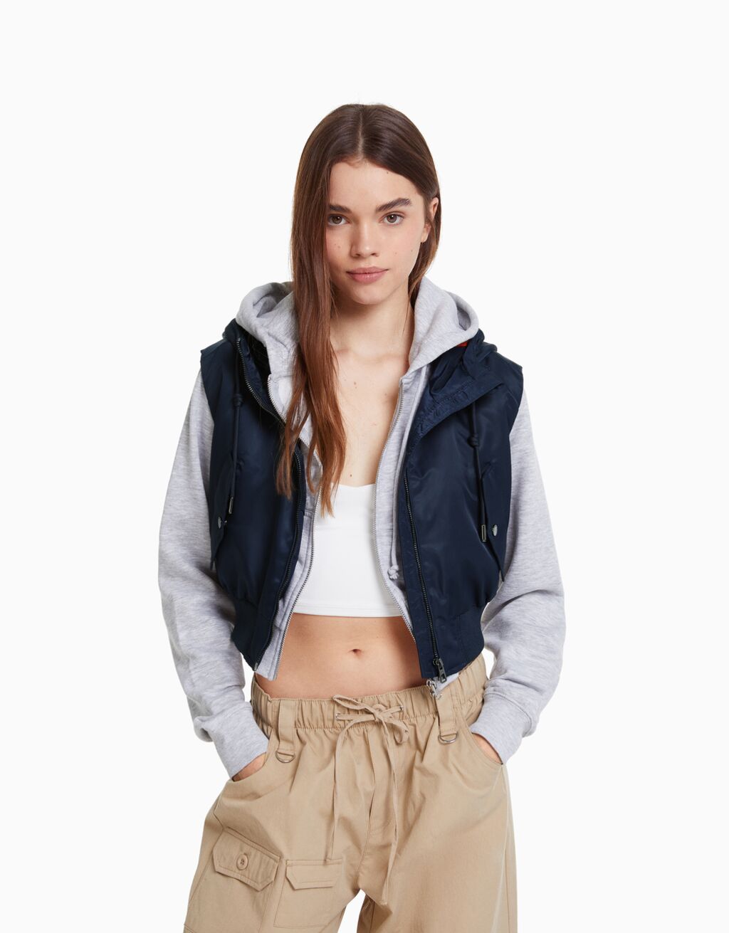 Cropped bomber vest with hood