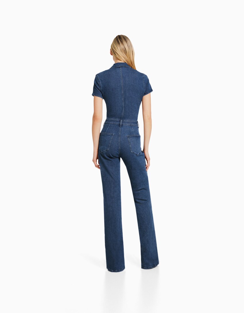 Denim jumpsuit with short sleeves and zipper - Women | Bershka
