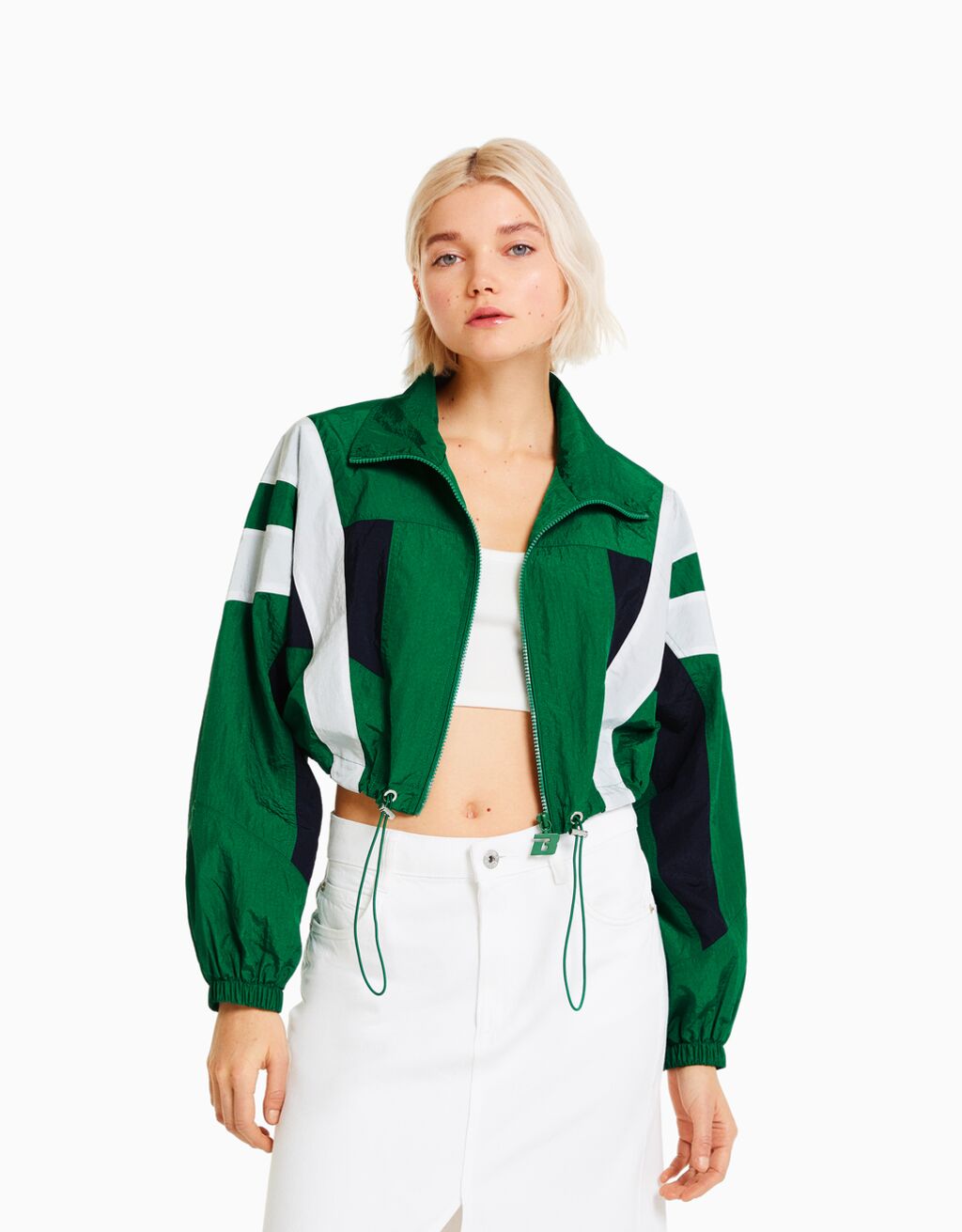 Colour block cropped nylon-effect jacket - Woman | Bershka