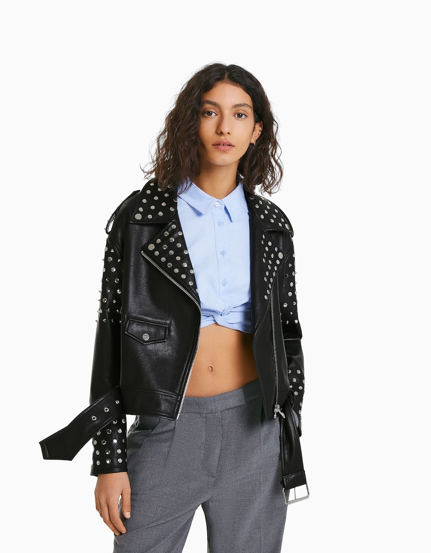 Studded faux leather oversize biker jacket - Women | Bershka