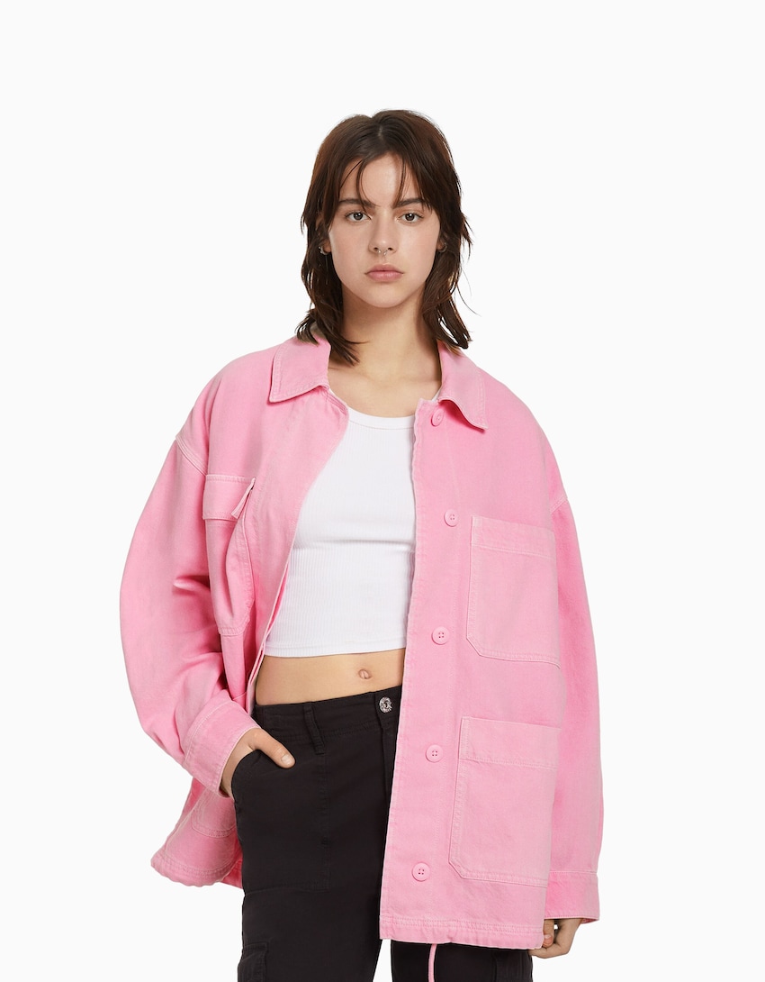 Embroidered cotton jacket with pockets - Woman | Bershka