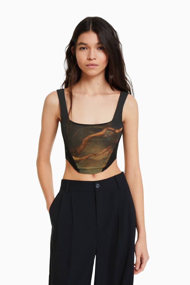 Tulle corset top with Art series print