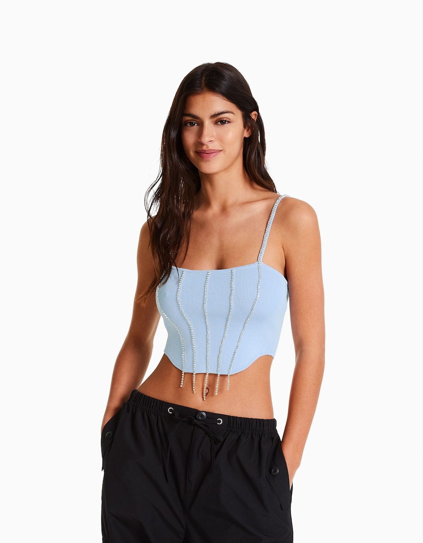 efficiëntie Donder etiquette Strappy knit bejeweled top - Tops and corsets - Woman | Bershka