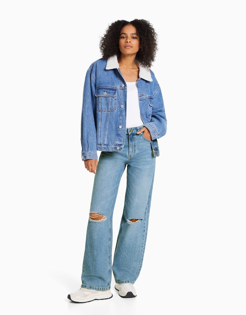 leje Falde tilbage twinkle 90'er-jeans med brede ben og huller - Udsalg - Dame | Bershka