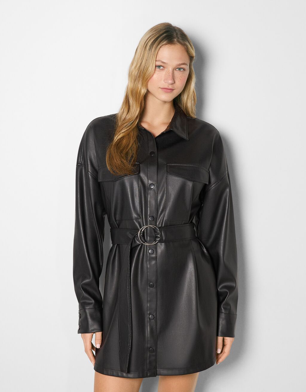 Long sleeve faux leather shirt dress with belt - Shirts and blouses - Woman