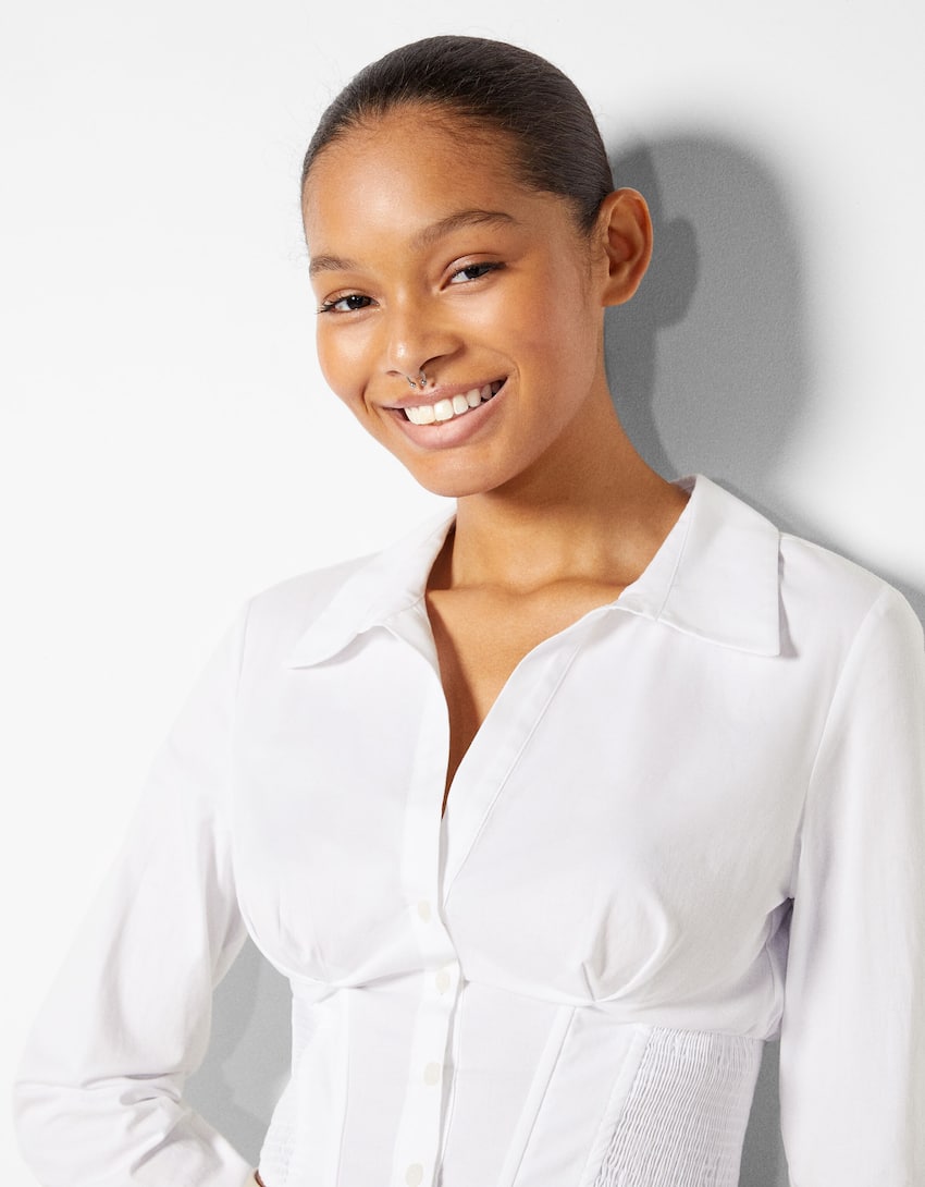 Fitted poplin corset shirt with long sleeves - Woman | Bershka