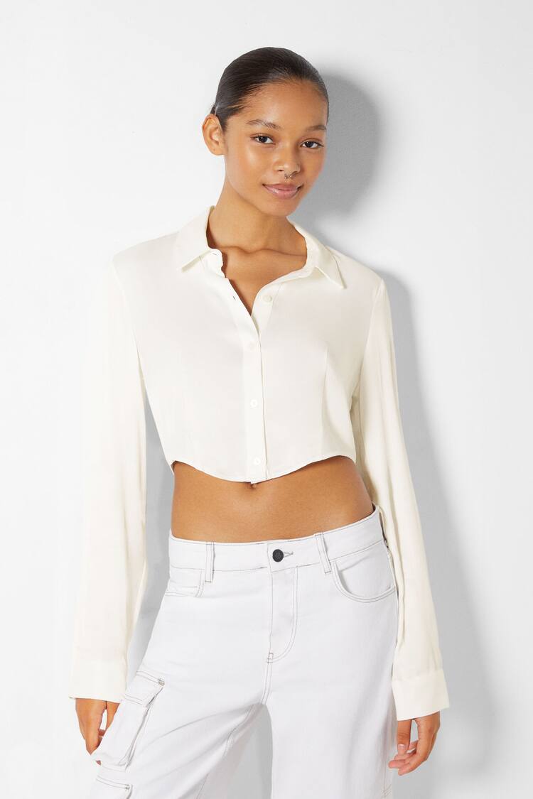 Long sleeve cropped fitted satin shirt
