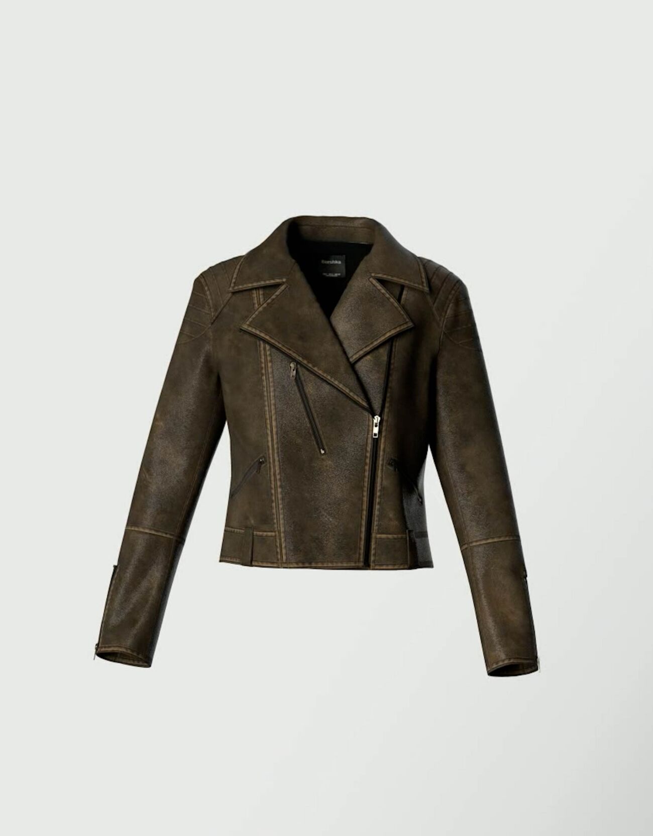 Distressed leather biker jacket Woman Bershka