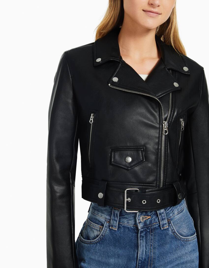 Belted Faux Leather Biker Jacket Woman Bershka 