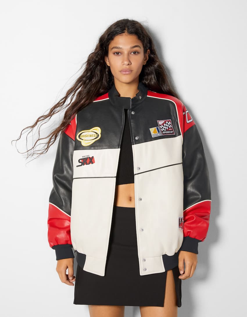 Faux leather racing bomber jacket - Woman | Bershka