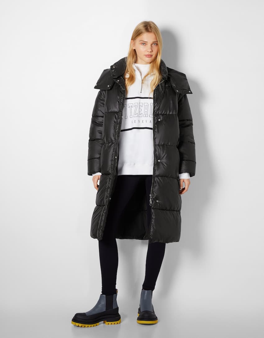 Long hooded puffer coat - Woman | Bershka