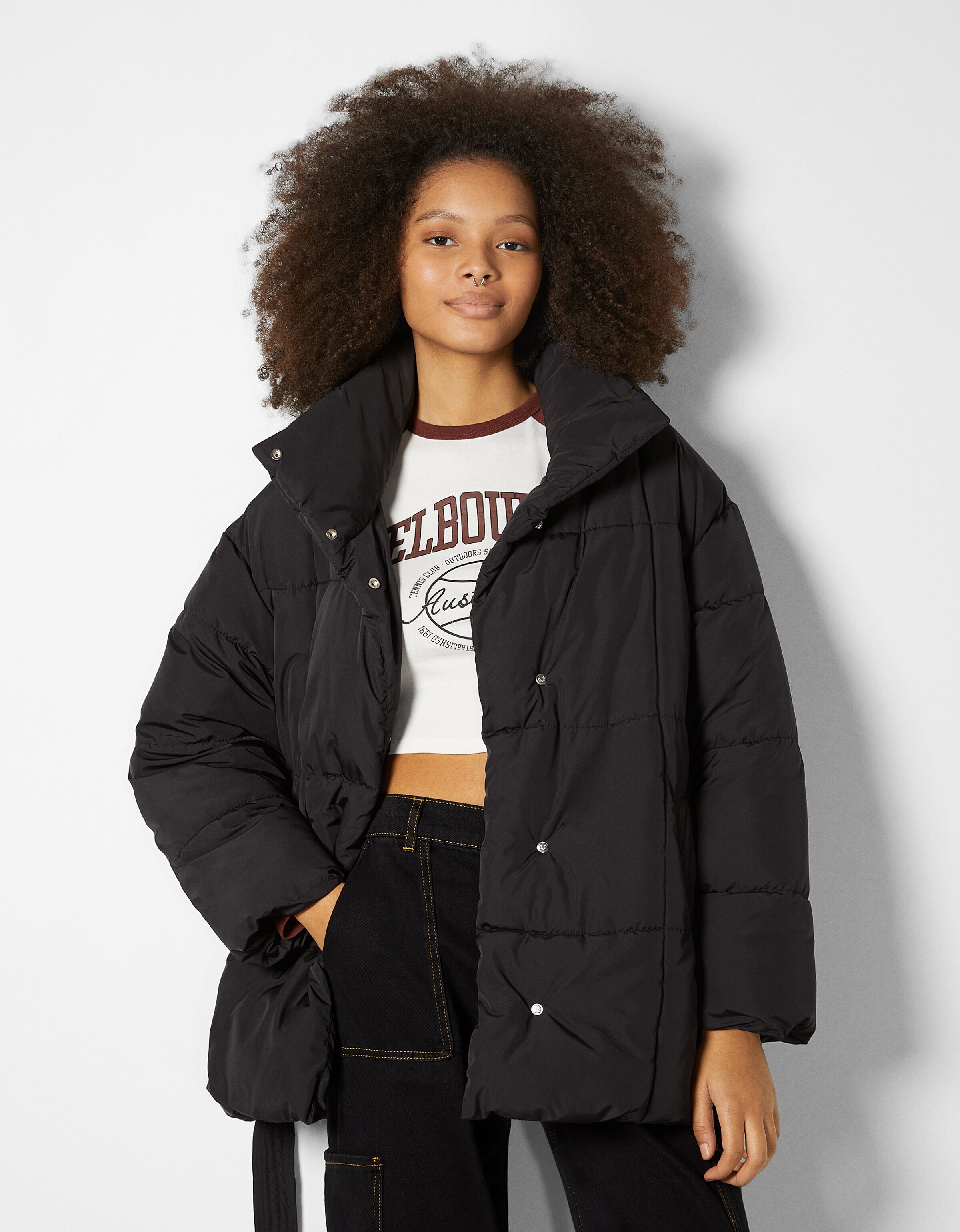 bershka belted padded puffer jacket